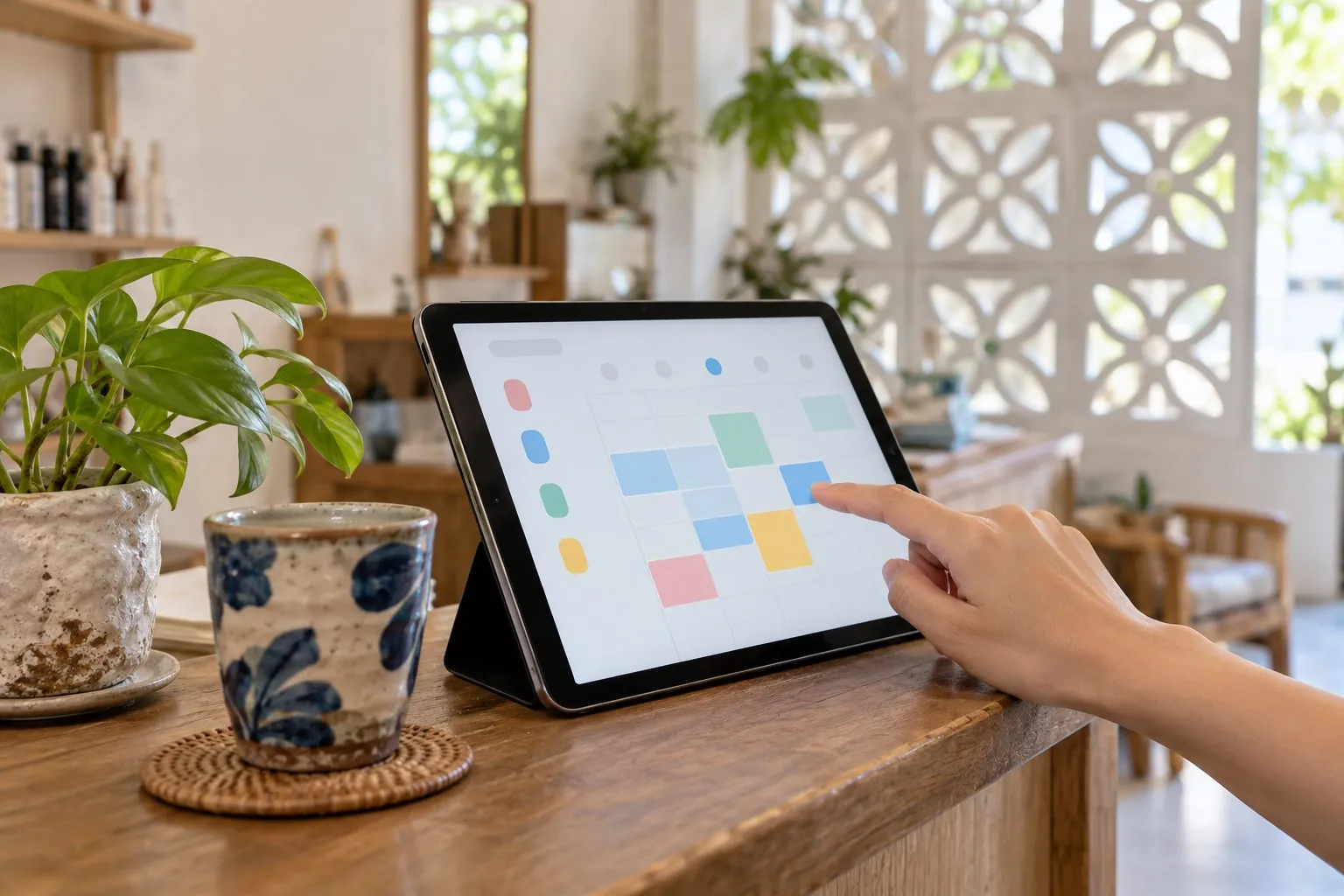 タブレットで予約の画面を確かめる手元（イメージ）