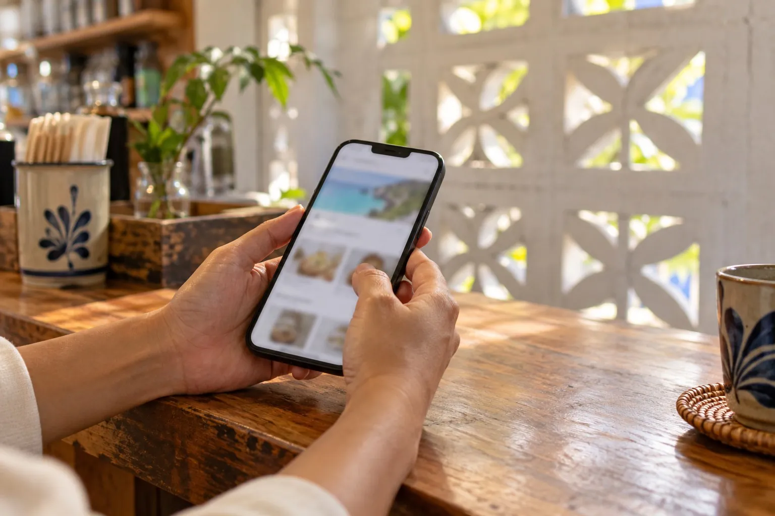 お店のテーブルでスマホのサイトを見る手元（イメージ）