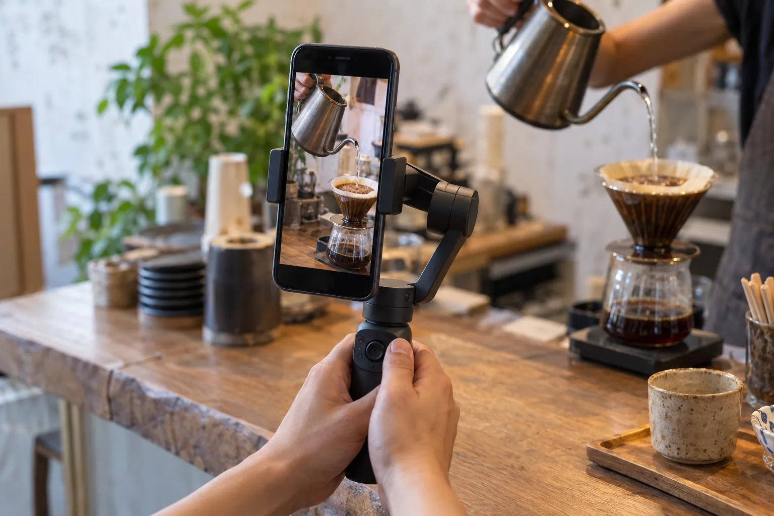コーヒーを淹れる様子をスマホで撮る手元（イメージ）