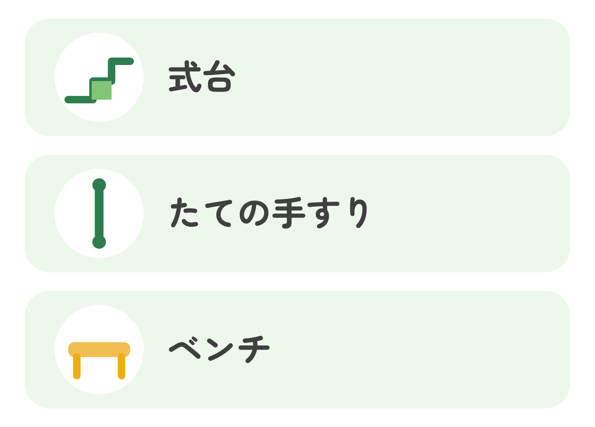 玄関の3つの工夫を並べた図。式台、たての手すり、ベンチ