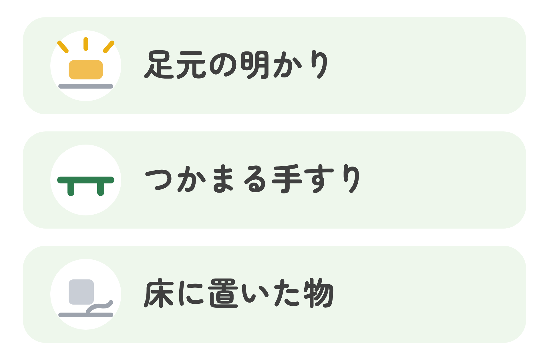 夜の通り道で見ておきたい3つを並べた図。足元の明かり、つかまる手すり、床に置いた物