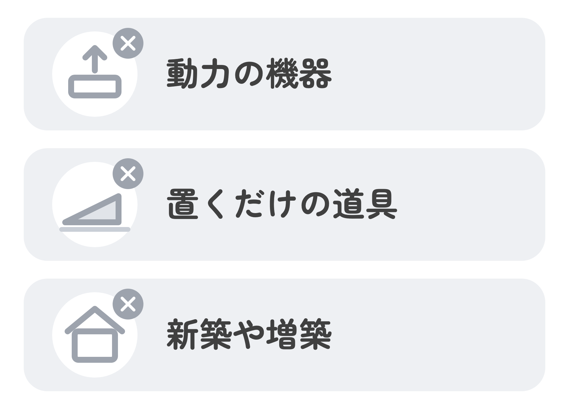 対象にならない3つの型を並べた図。動力の機器、置くだけの道具、新築や増築