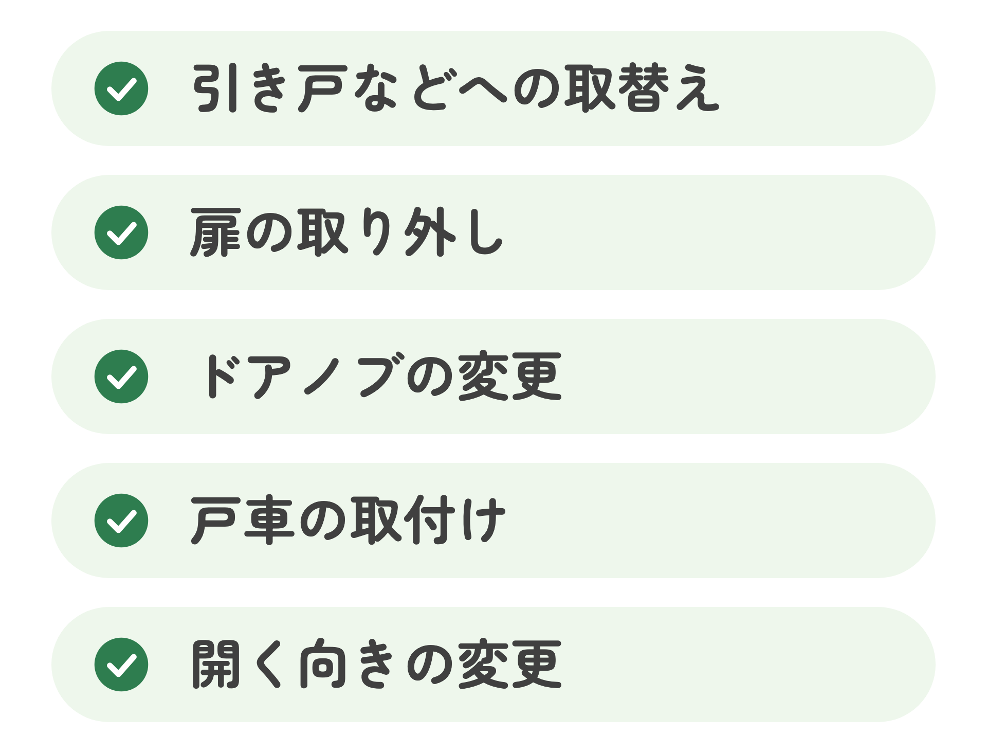 扉の取替えに入る5つの工事を並べた図。引き戸などへの取替え、扉の取り外し、ドアノブの変更、戸車の取付け、開く向きの変更